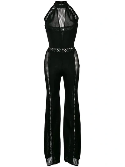 Balmain Crochet-trimmed Stretch-knit Halterneck Jumpsuit In Black