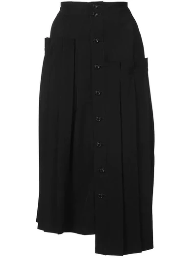 Y's Pleated Button Front Wool Skirt In Black