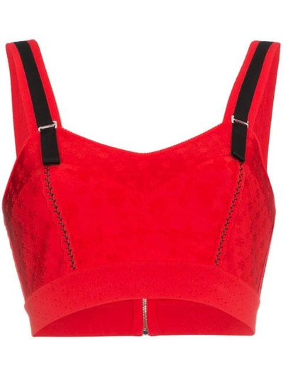 Alexander Mcqueen Sweetheart-neck Floral-intarsia Cropped Top In Lust Red