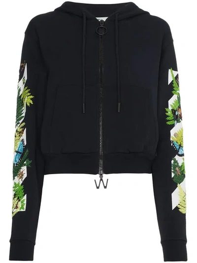 Off-white Embellished Graphic Zip-front Crop Hoodie Sweatshirt In Black