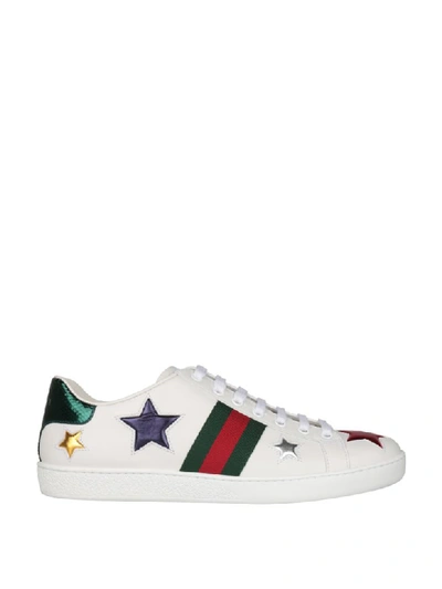 Gucci Ace 金属感艾尔斯蛇皮边饰皮革运动鞋 In Bianco