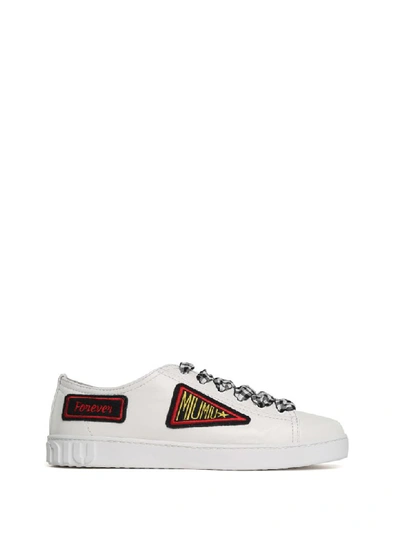 Miu Miu Patches Low-top Leather Sneakers In Bianco
