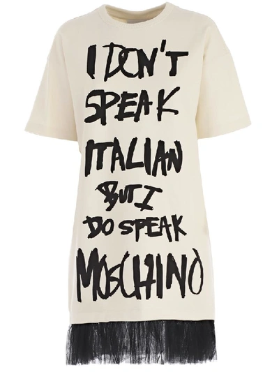 Moschino Tulle-trimmed Printed Cotton-jersey Mini Dress In Ivory