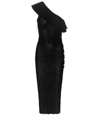 Balmain Ruffled One-shoulder Ribbed-knit Midi Dress In Black