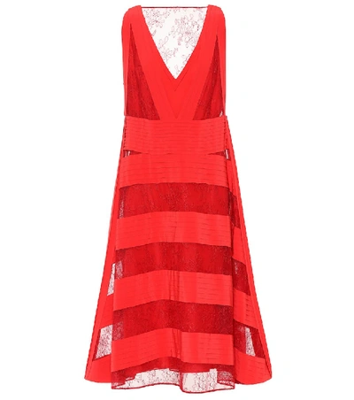 Valentino Sleeveless V-neck Daisy-lace Dress With Pleated Insets In Red