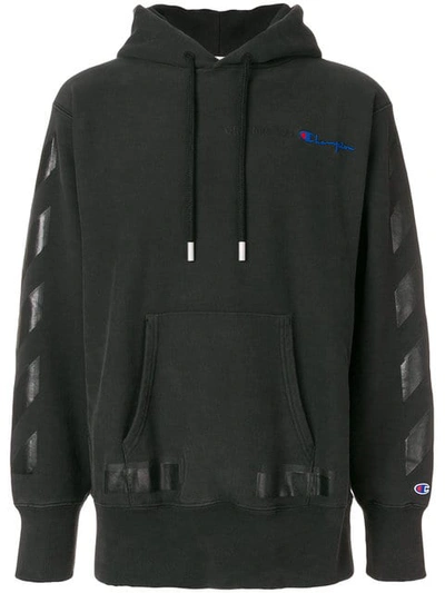 Off-white X Champion Hooded Cotton-blend Sweatshirt In Black