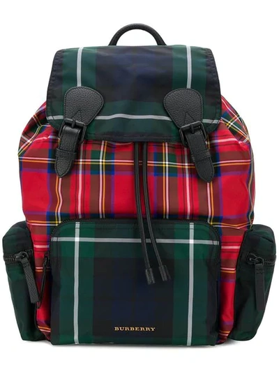 Burberry Multi-check Rucksack Canvas Backpack In Military Red