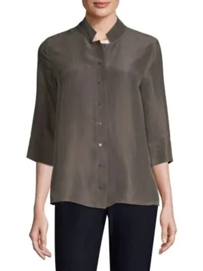 Eileen Fisher Silk Georgette Crepe Stand Collar Shirt In Rye