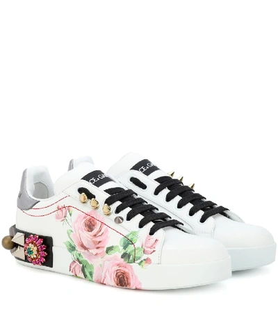 Dolce & Gabbana Floral Crystal-embellished Leather Women's Sneakers In White
