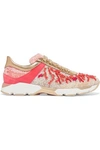 RENÉ CAOVILLA RENE' CAOVILLA WOMAN EMBELLISHED LEATHER AND LACE SNEAKERS GOLD,3074457345618209580