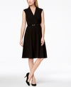 CALVIN KLEIN PETITE BELTED FIT & FLARE DRESS