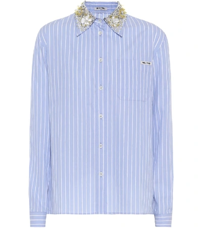 Miu Miu Striped Shirt With Embroidered Collar In Blue