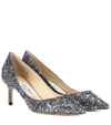 Jimmy Choo Romy 60 Gunmetal Mix Fabric Pointy Toe Pumps With Star Coarse Glitter In Grey
