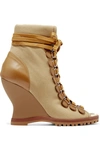 CHLOÉ RIVER CANVAS AND LEATHER WEDGE ANKLE BOOTS