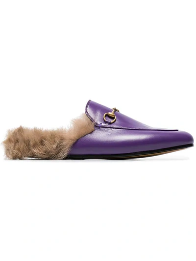 Gucci Purple Princetown Fur Lined Leather Mules In Pink