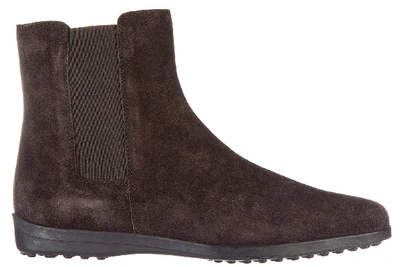 Tod's Women's Suede Ankle Boots Booties Tronchetto Elastico In Brown