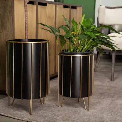 Ashley Mercana 12.8 X 20.9 Set Of Two Black Metal Insert Brass Frame Plant Stands