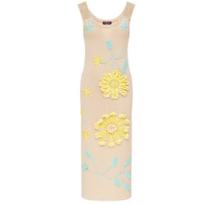 Andreeva Beige Knit Midi Dress With Yellow & Blue Floral Embroidery
