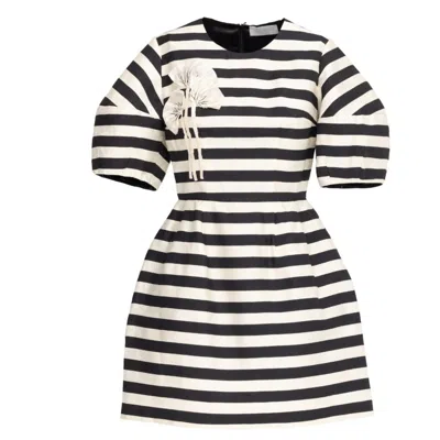 Georgette Black & Ivory Striped Mini Dress With Floral Detail In Gray