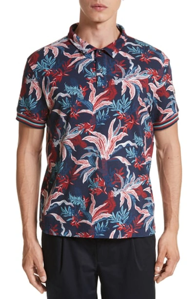 Moncler Leaf-print Piqué Cotton Polo Shirt In Dark Blue