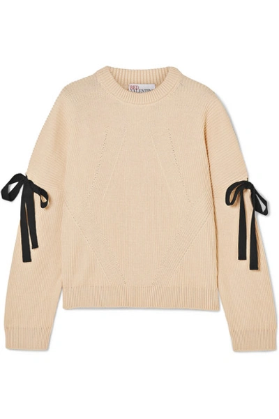 Red Valentino Bow-embellished Ribbed Cotton Jumper In Ecru