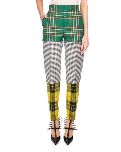 Balenciaga Convertible Paneled Tartan And Houndstooth Wool Straight-leg Trousers In Green