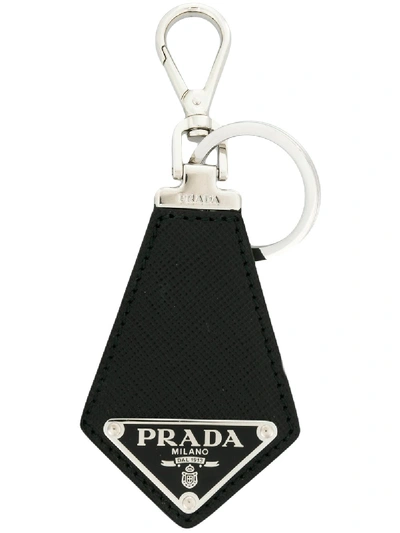 Prada Black Saffiano Key Holder With Logo In Brown