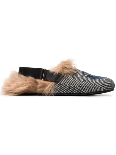 Gucci Horsebit Herringbone Slipper With Wolf Head In Black, White