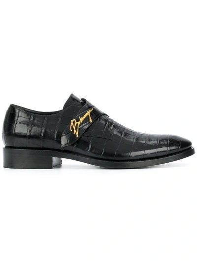 Balenciaga Mens Black Logo-detail Croc-embossed Leather Monk Shoes