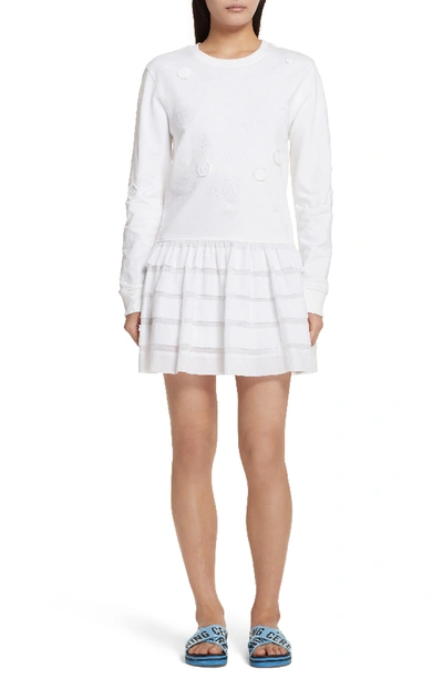 Opening Ceremony Crewneck Long-sleeve Embroidered Dress With Ruffle Hem In White
