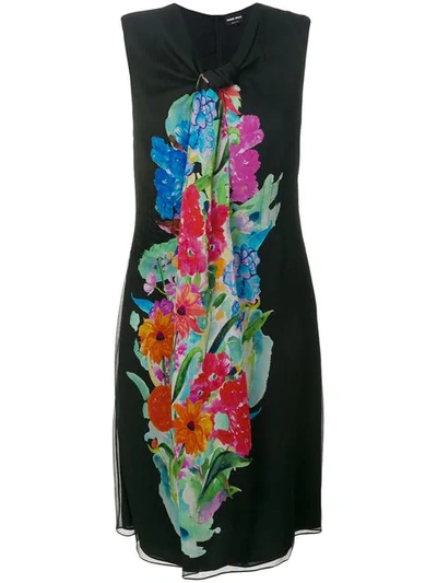 Giorgio Armani Floral Print Silk Georgette Drape Front A-line Dress In Multicolor