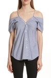 Theory Hartman Cold-shoulder Striped Cotton-poplin Top In Blue/ White