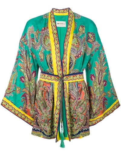 Etro Lace-up Printed Floral-jacquard Blouse In Green