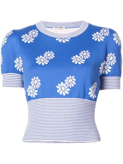 Miu Miu Cropped Intarsia Wool Sweater In Blue