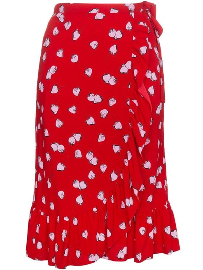 Miu Miu Strawberry Print Ruffle Wrap Skirt In Red