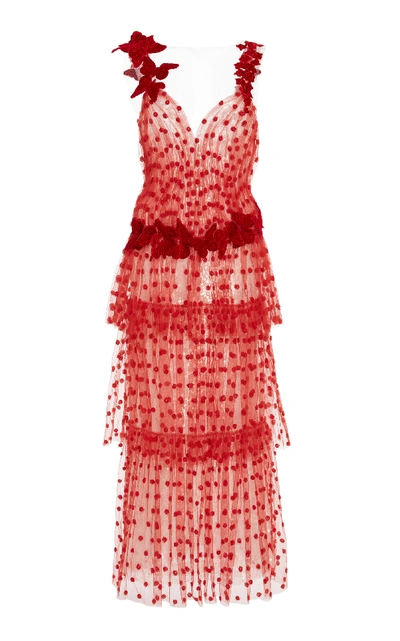 Rodarte Velvet-trimmed Appliquéd Layered Tulle Gown In Red