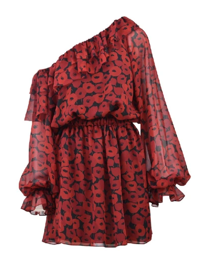Saint Laurent One-shoulder Floral-print Silk-georgette Mini Dress In Red