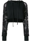 AMEN AMEN CROPPED HOODIE WITH EMBROIDERED SHEER SLEEVES - BLACK,AMS1820412702222