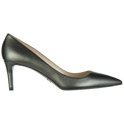 Prada Women's Leather Pumps Court Shoes High Heel Metal In Green