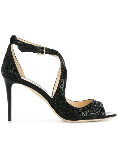 Jimmy Choo 85mm Emily Glittered Sandals In Black