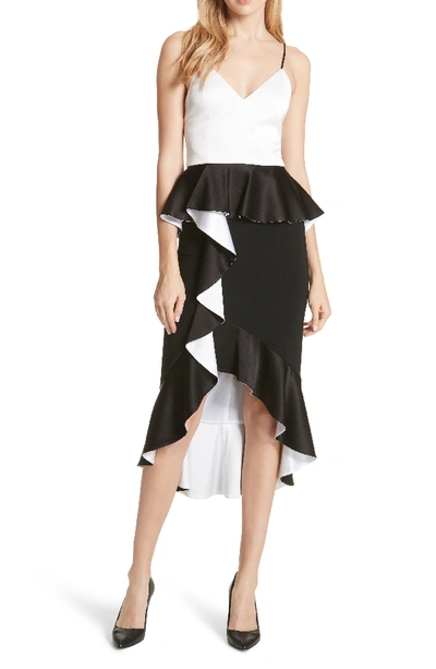 Alice And Olivia Ruffled Two-tone Satin-crepe Peplum Midi Dress In Black Multi