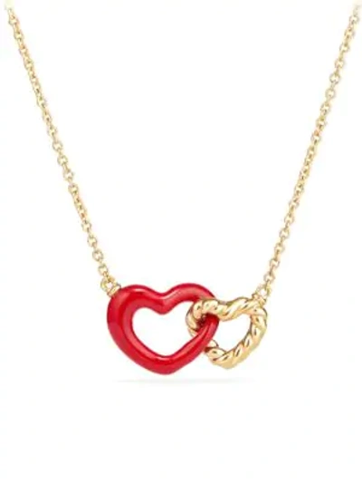David Yurman Women's Double Heart Pendant Necklace With Diamonds, Red Enamel & 18k Gold In Red/gold