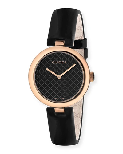 Gucci 32mm Diamantissima Watch With Leather Strap, Black/rose In Black / Gold / Gold Tone / Rose / Rose Gold / Rose Gold Tone