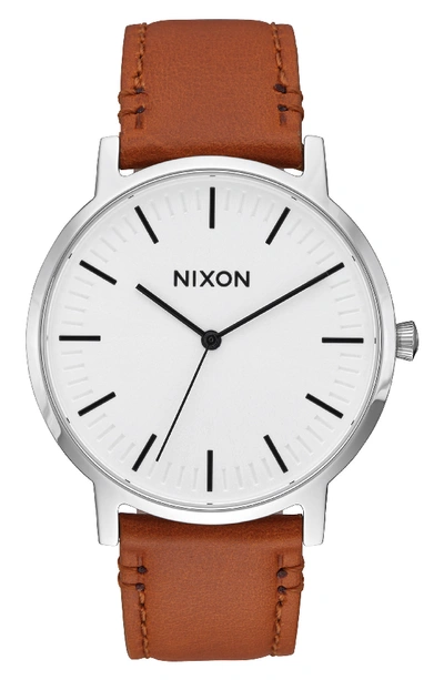 Nixon Porter Round Leather Strap Watch, 40mm In Saddle/ White/ Silver