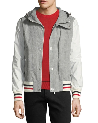 Moncler Seersucker Cotton Hooded Jacket In Gray