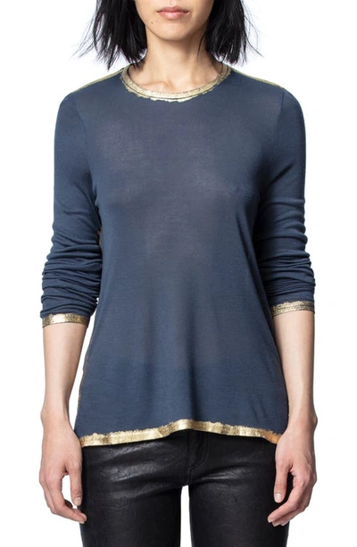 Zadig & Voltaire Willy Silver Foil Trim Long-sleeve T-shirt In Blue