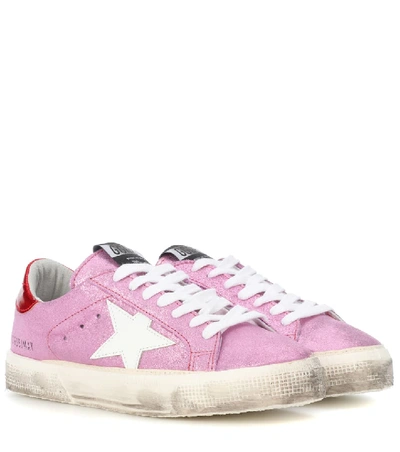 Golden Goose May Glitter Suede Low-top Sneakers In Pink, White, Golden, Red
