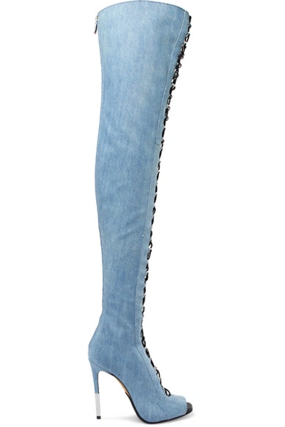 Balmain Campbell Lace-up Faded Denim Thigh Boots In Blue