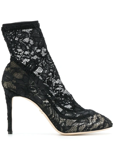 Dolce & Gabbana Black Ankle Boot In Stretch Lace And Gros Grain