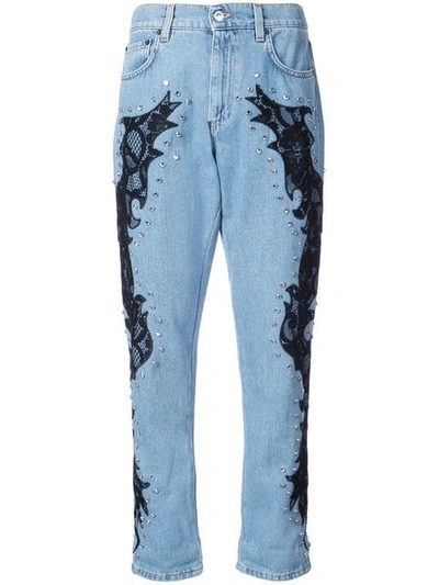 Moschino Lace-appliquéd And Crystal-embellished Boyfriend Jeans In Blue